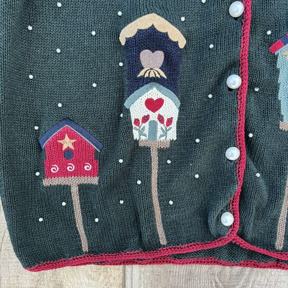 Vintage Womens Winter Sweater Size M Christmas Green 90s Beaded Hand Embroidered - Picture 3 of 13